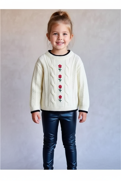 Kız Çocuk Triko Nakışlı  Kazak Ve Deri Taytlı Takım 