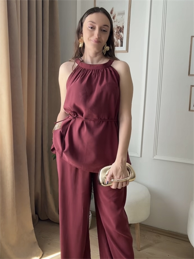 Bordo İp Kuşaklı Pantolon Takım