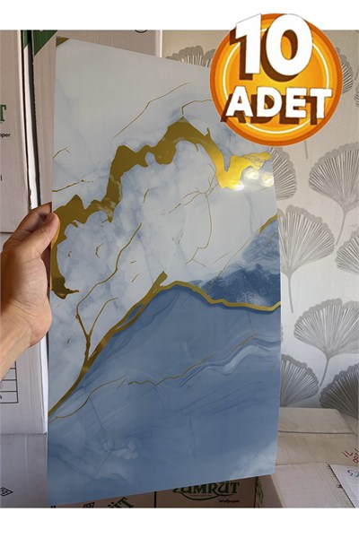 10 Adet, 30x60 Cm Açık Buz Mavisi Gold Renkler Lüks Mermer Desenli Kendinden Yapışkanlı Mutfak Banyo Wc Kaplama Pvc Panel M6001