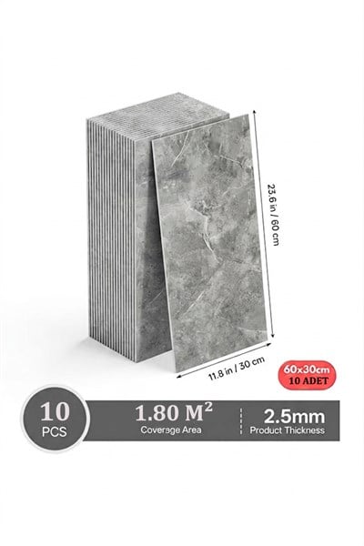 10 Adet, 30x60 cm Açık Gri Mermer Desen Yapışkanlı Karavan Prefabrik Banyo Wc Duvar Kaplama Paneli-S14