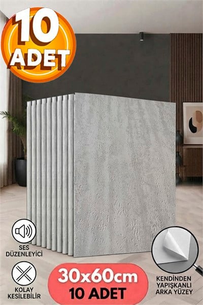 10 Adet, Yüksek Kalite Kabartmalı Dokulu Gri Tonlarında Gerçek Sıva Hissi Modern Beton Görünüm Desenli Pvc Mat Panel Kendinden Yapışkanlı Duvar Kaplaması Mat-3002, 30x60 CM 