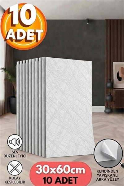 10 Adet, Yüksek Kalite Kabartmalı Dokulu Beyaz Tonlarında Gerçek Duvar Hissi Modern Çizgili Görünüm Desenli Pvc Mat Panel Kendinden Yapışkanlı Duvar Kaplaması Mat-8001, 30x60 CM 