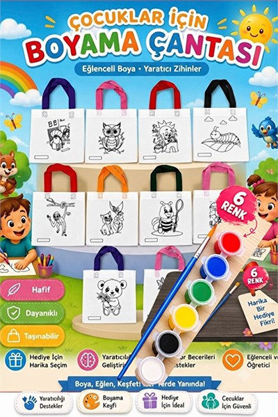 BienHome 6 Renk Boya Fırça Dahil, Çocuk Boyama Çantası, Boyama Bez Çanta Tote Bag,Eğitici ,10'lu paket 25*20 çanta Çocuk Gelişimi Boyama Etkinlik