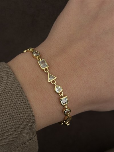 Geometrik Zirkon Taşlı Gold Çelik Bileklik