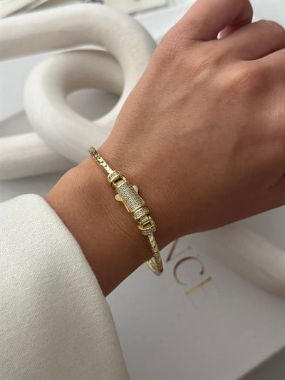 Luna Kilit Zirkon Taşlı Gold Kelepçe Bileklik