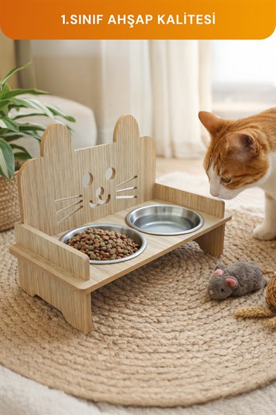 Ahşap Kulaklı Kedi Mama Su Kabı Standı, Kedi Mama Kabı, Kedi Paspası