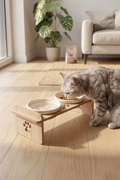 Ahşap Standlı Seramik Kaseli Kedi-Köpek Mama Ve Su Kabı 