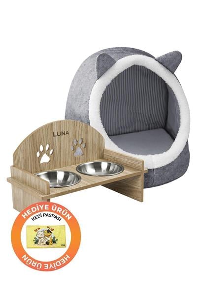 Alas Gri Keçe Kedi Ve Köpek Evi Yatağı-mama Kabı 2 Kaseli Kedi-köpek Suluk,mamalık Paspas Seti