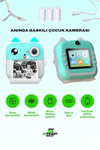 Anlık Termal Yazıcılı Dijital Çocuk Kamerası 2.4 İnç HD Şipşak Fotoğraf Makinesi (Mavi)