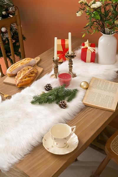 Christmas Noel Yılbaşı Runner | Yılbaşı Beyaz Tavşan Tüyü Runner | Yılbaşı Süsü Hediyeli | 120x30cm