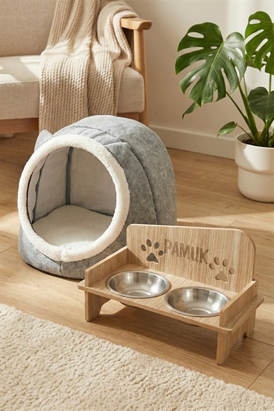 İsim Yazılabilir Kare Mama Kabı Ve Keçe Kedi ve Küçük Irk Köpek Evi Seti Gri