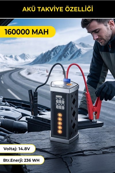 Joyplus Akü Takviye ve Hava Kompresörü 16000 mAh Led Ekran Powerbank