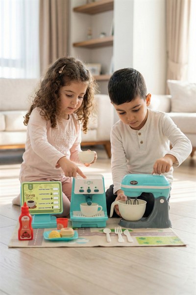 Kutulu Işıklı Oyuncak Kahve Makinesi Ve Mikser Set Mavi