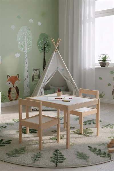 Montessori Çocuk Ahşap Etkinlik Masası Seti, 2 Sandalyeli