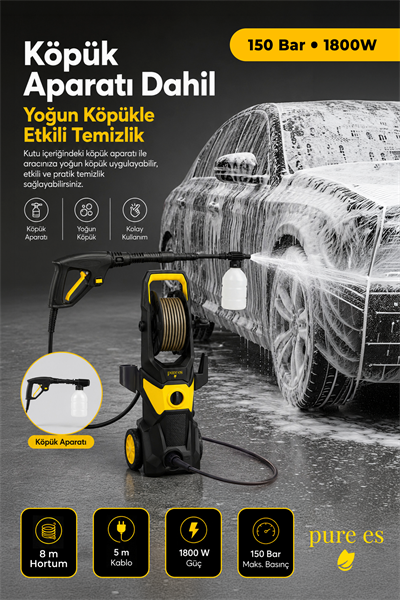 Orijinal 150 Bar Yüksek Basınçlı Yıkama Makinesi 1800W Kovadan Su Çekme ve Musluk Bağlantılı Köpük Aparatlı Oto Yıkama