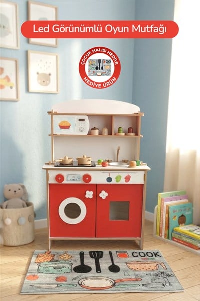 ROZİTOYS Ahşap Montessori Minimal Led Ocak Tasarımlı Çocuklar İçin Eğitici Mutfak 5977