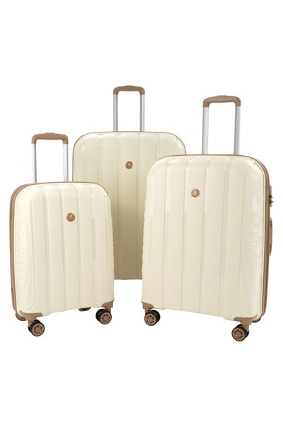 Troya PP Polipropilen Kırılmaz  Üçlü Set Valiz –  360° Döner Sessiz Tekerlekli KREM