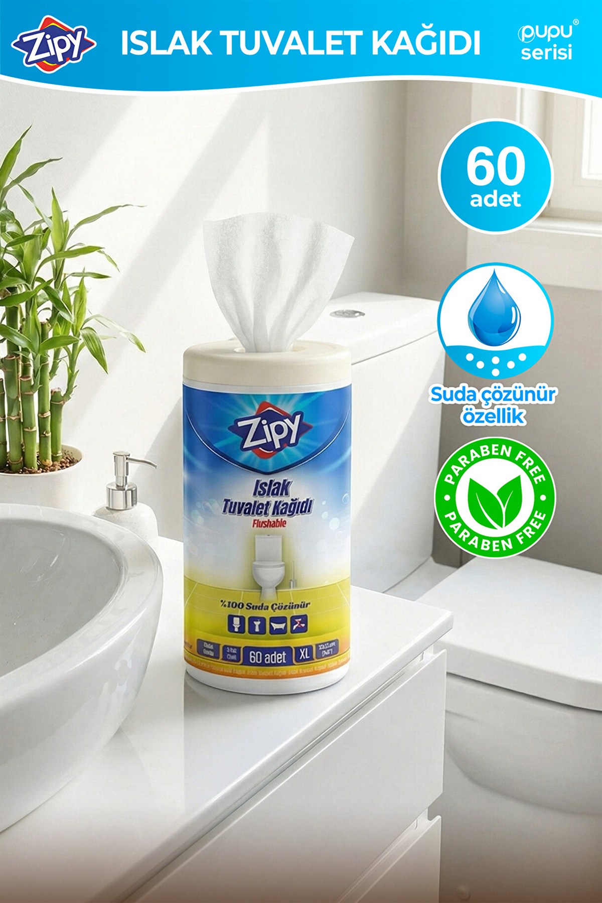 Zipy 60 Adetli Islak Tuvalet Kağıdı - Suda Dağılan Flushable