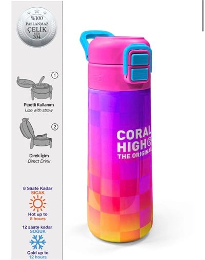 Coral High Kids Neon Renkli Dama Desenli Pipetli ve Direkt İçim Çelik Termos 500 ml 38103