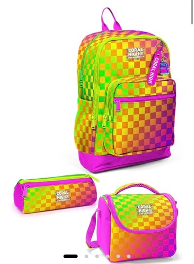 Coral High Kids Neon Renkli Dama Desenli 3'lü Okul Çanta Seti SET0133203