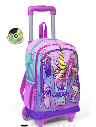 Coral High Kids Pembe Mor Milkshake Dondurma Desenli Üç Bölmeli Çekçekli Okul Sırt Çantası 23949