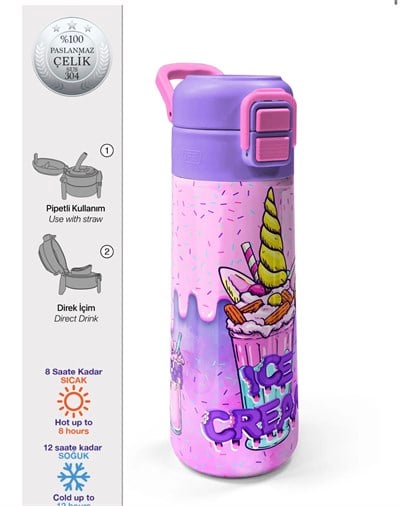 Coral High Kids Pembe Mor Milkshake Dondurma Desenli Pipetli ve Direkt İçim Çelik Termos 500 ml 31950