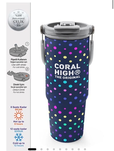 Coral High Lacivert Puantiyeli Desenli Pipetli ve Direkt İçim Çelik Termos 900 ml 38714