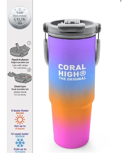 Coral High Renk Geçişli Desenli Pipetli ve Direkt İçim Çelik Termos 900 ml 38715