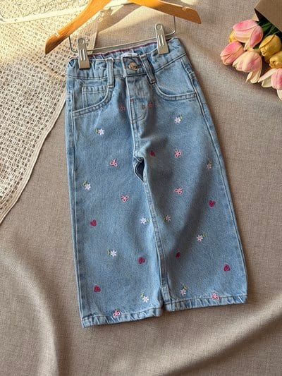 Kız çocuk çiçek nakışlı denim pantolon 