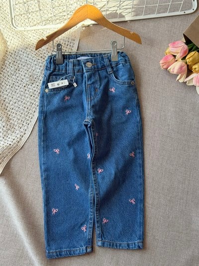 Kız çocuk fiyonk nakışlı denim pantolon 