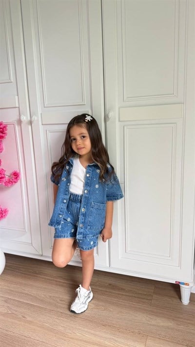 Kız çocuk taşlı denim takım