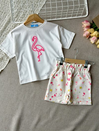 Laciel kız çocuk yazlık şortlu flamingo takım