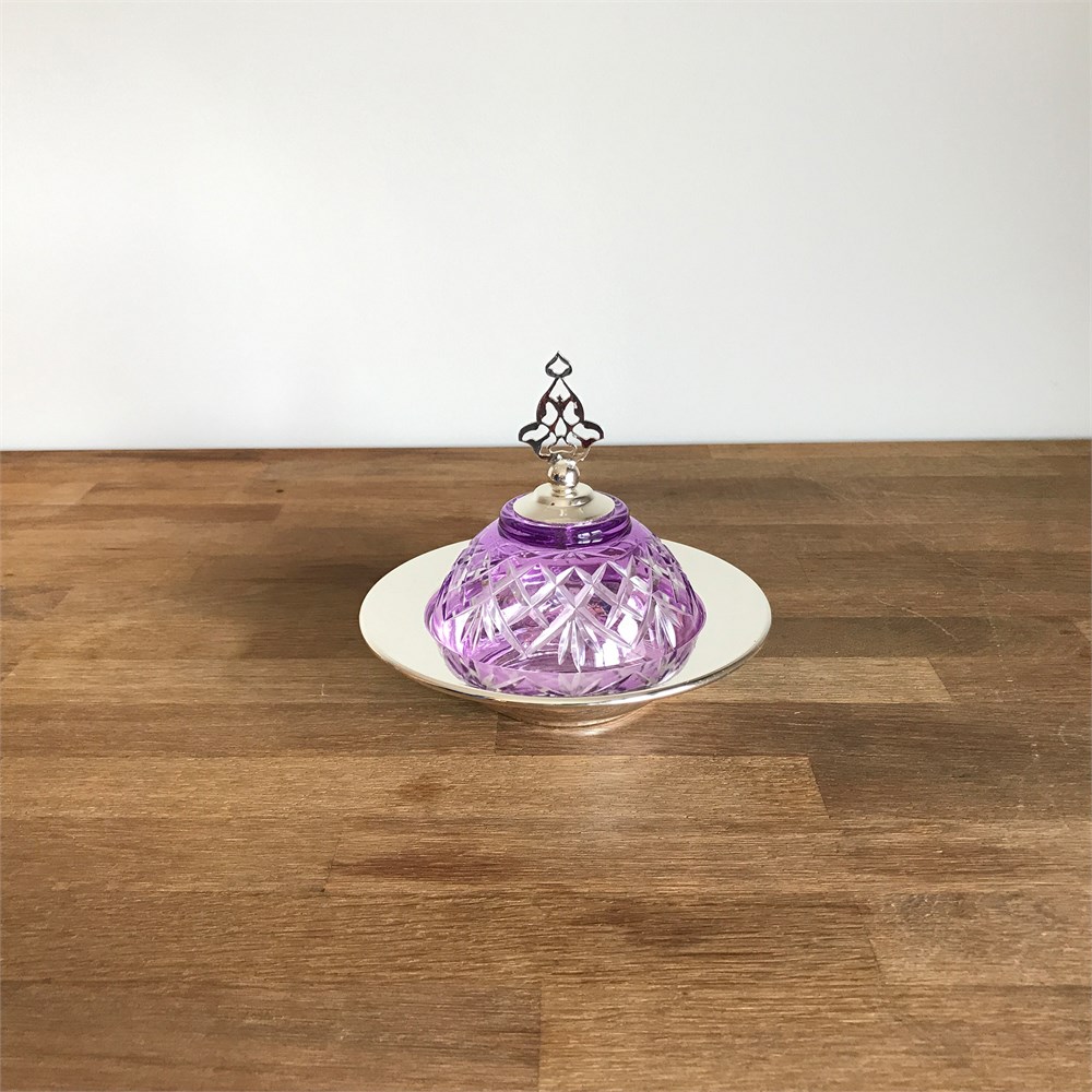 Kesme Mor Cam 15 cm Gümüş Sahan