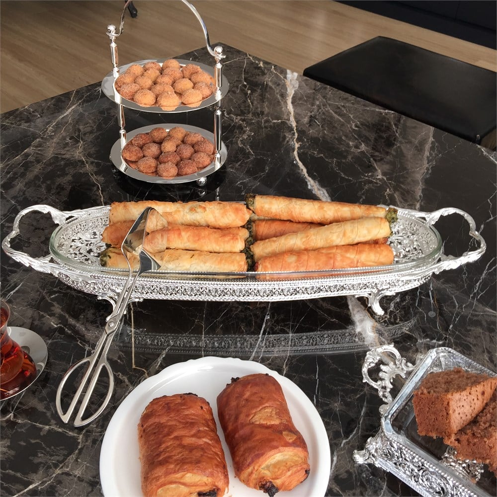 Oval Camlı Mezelik Çerezlik Dantel Bir Desen