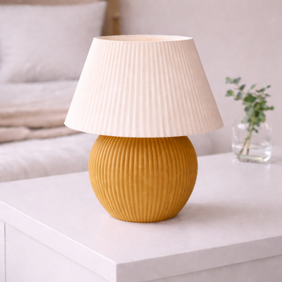 Modern Ribbed Masa Abajuru | Tek Renk Minimal Tasarım (Hardal Sarı)