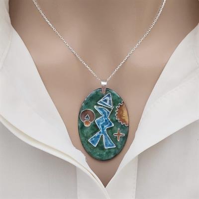 Cloisonné Balık Kolye Yeşil Mavi Gümüş Zincirli