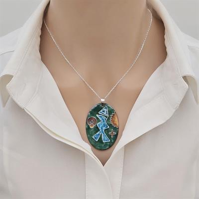 Cloisonné Balık Kolye Yeşil Mavi Gümüş Zincirli