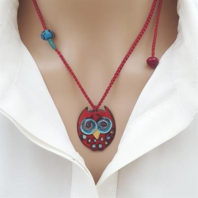 Cloisonné Baykuş Kolye Kırmızı Mavi