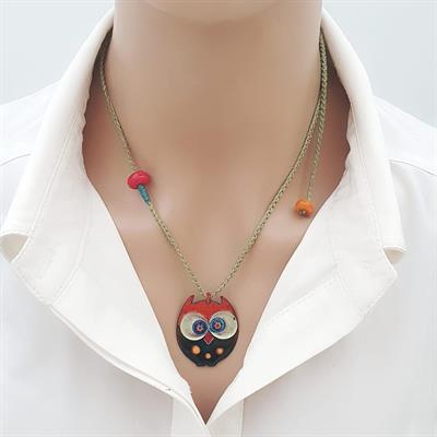 Cloisonné Baykuş Kolye Turuncu Yeşil