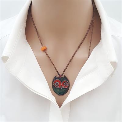 Cloisonné Baykuş Kolye Yeşil Turuncu