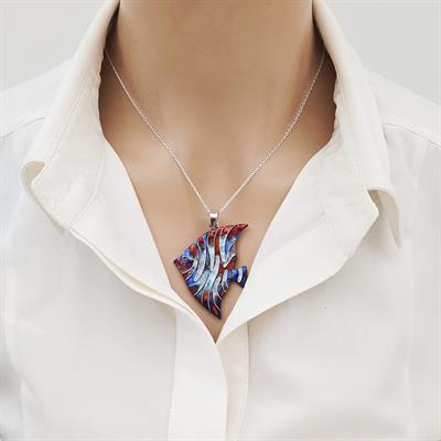 Cloisonné Coral Melek Balığı Kolye Gümüş Zincirli