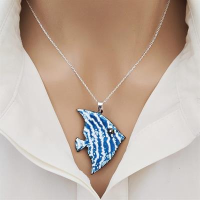 Cloisonné Coral Melek Balığı Kolye Gümüş Zincirli
