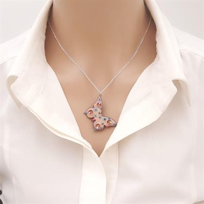 Cloisonné Kelebek Kolye Gümüş Zincirli