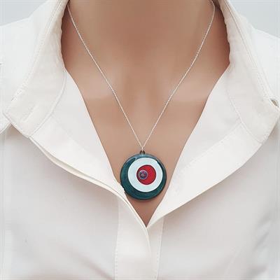 Cloisonné Kolye Kırmızı Turkuaz Gümüş Zincirli