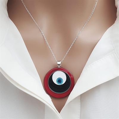 Cloisonné Nazar Kolye Kırmızı Gümüş Zincirli