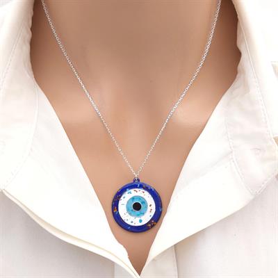 Cloisonné Nazarlık Kolye Beyaz Dokulu Gümüş Zincirli