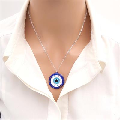 Cloisonné Nazarlık Kolye Beyaz Dokulu Gümüş Zincirli