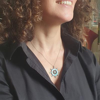 Dümen Kolye Turkuaz Beyaz Gümüş Zincirli