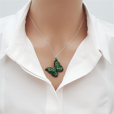 Kelebek Kolye Yeşil Gümüş Zincirli