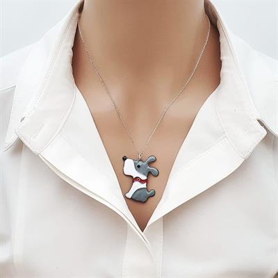 Köpek Kolye Gri Beyaz Gümüş Zincirli